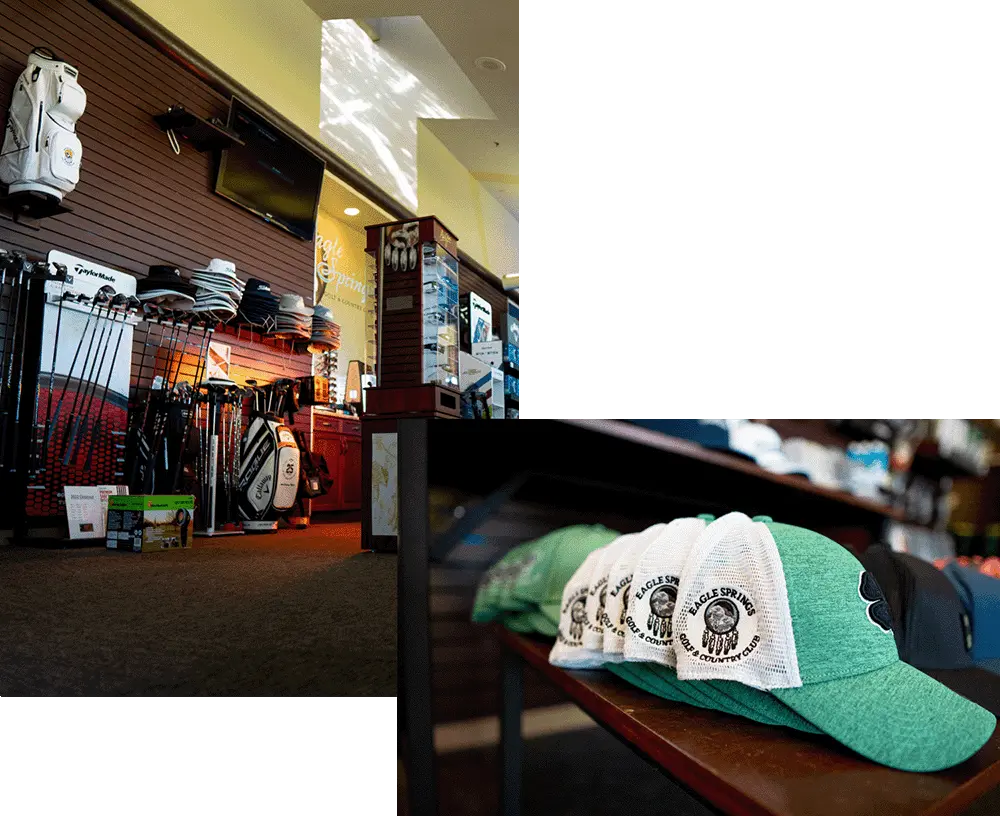 Images of merchandise sold at the Pro Shop. Hats, golf clubs, sunglasses, etc.